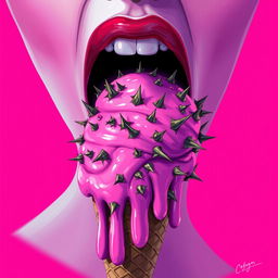 A striking 2D illustration of a mouth licking a melting pink ice cream cone, with the ice cream dripping in luscious pink tones
