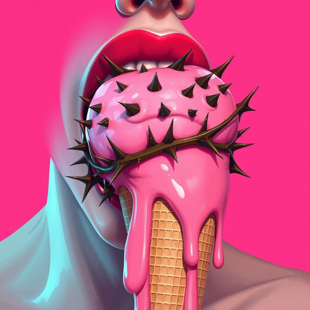 A striking 2D illustration of a mouth licking a melting pink ice cream cone, with the ice cream dripping in luscious pink tones