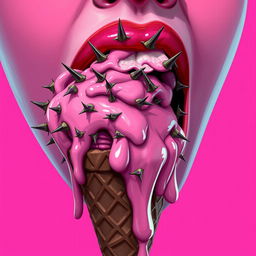 A striking 2D illustration of a mouth licking a melting pink ice cream cone, with the ice cream dripping in luscious pink tones