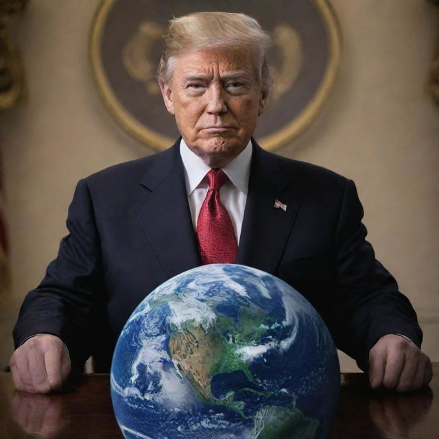 Updated image displaying the transition of the wealthy individual, now portrayed as a dignified President, with the Earth and a cunning demon looming in the background.