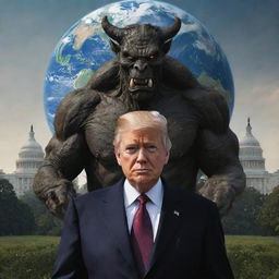 Updated image displaying the transition of the wealthy individual, now portrayed as a dignified President, with the Earth and a cunning demon looming in the background.