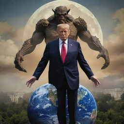 Updated image displaying the transition of the wealthy individual, now portrayed as a dignified President, with the Earth and a cunning demon looming in the background.