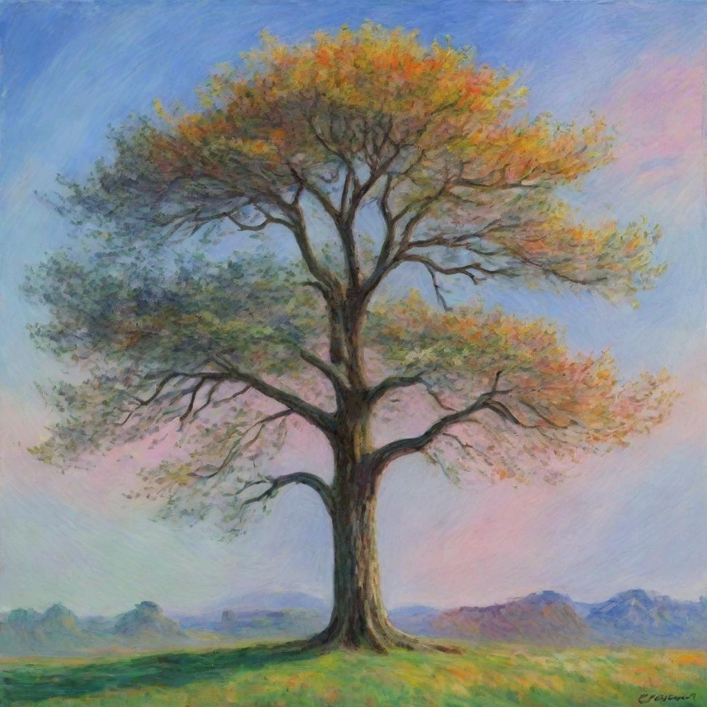 Create a PNG artwork of a solitary tree, painted in the style of Claude Monet. Depict the tree with impressionistic strokes and vibrant colors, capturing the changing light and atmosphere surrounding it.