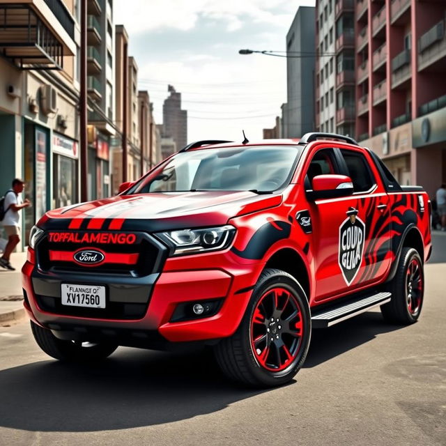 A customized Ford Ranger V8 truck featuring a striking design inspired by the Flamengo football team