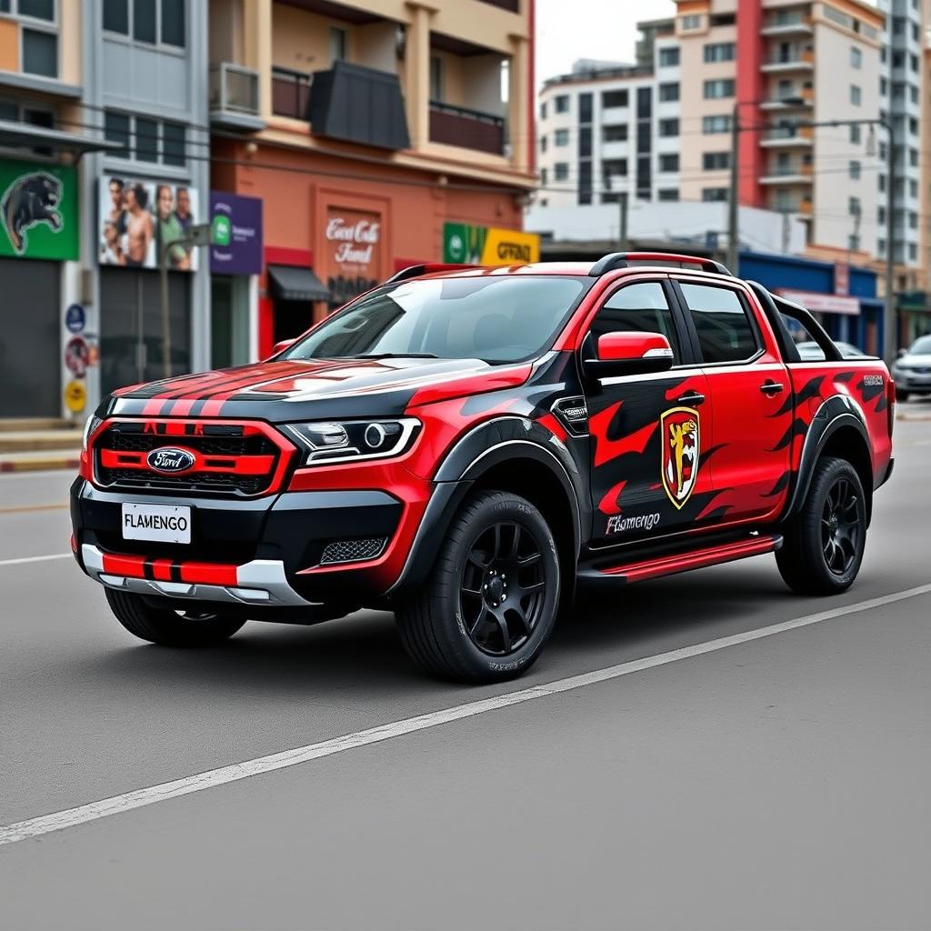 A customized Ford Ranger V8 truck featuring a striking design inspired by the Flamengo football team