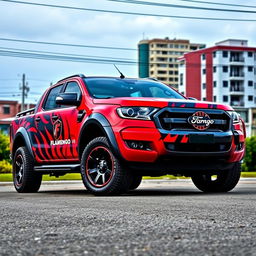 A customized Ford Ranger V8 truck featuring a striking design inspired by the Flamengo football team