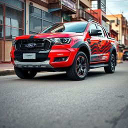 A customized Ford Ranger V8 truck featuring a striking design inspired by the Flamengo football team