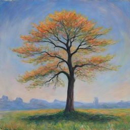 Create a PNG artwork of a solitary tree, painted in the style of Claude Monet. Depict the tree with impressionistic strokes and vibrant colors, capturing the changing light and atmosphere surrounding it.