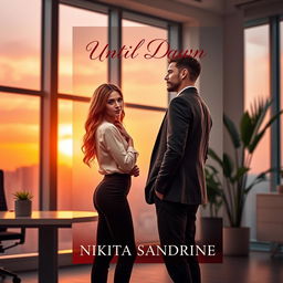 A romantic book cover design for 'Until Dawn' by Nikita Sandrine, featuring a strawberry blonde-haired girl