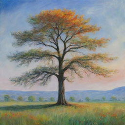 Create a PNG artwork of a solitary tree, painted in the style of Claude Monet. Depict the tree with impressionistic strokes and vibrant colors, capturing the changing light and atmosphere surrounding it.