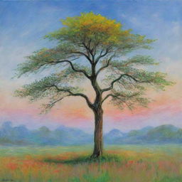 Create a PNG artwork of a solitary tree, painted in the style of Claude Monet. Depict the tree with impressionistic strokes and vibrant colors, capturing the changing light and atmosphere surrounding it.