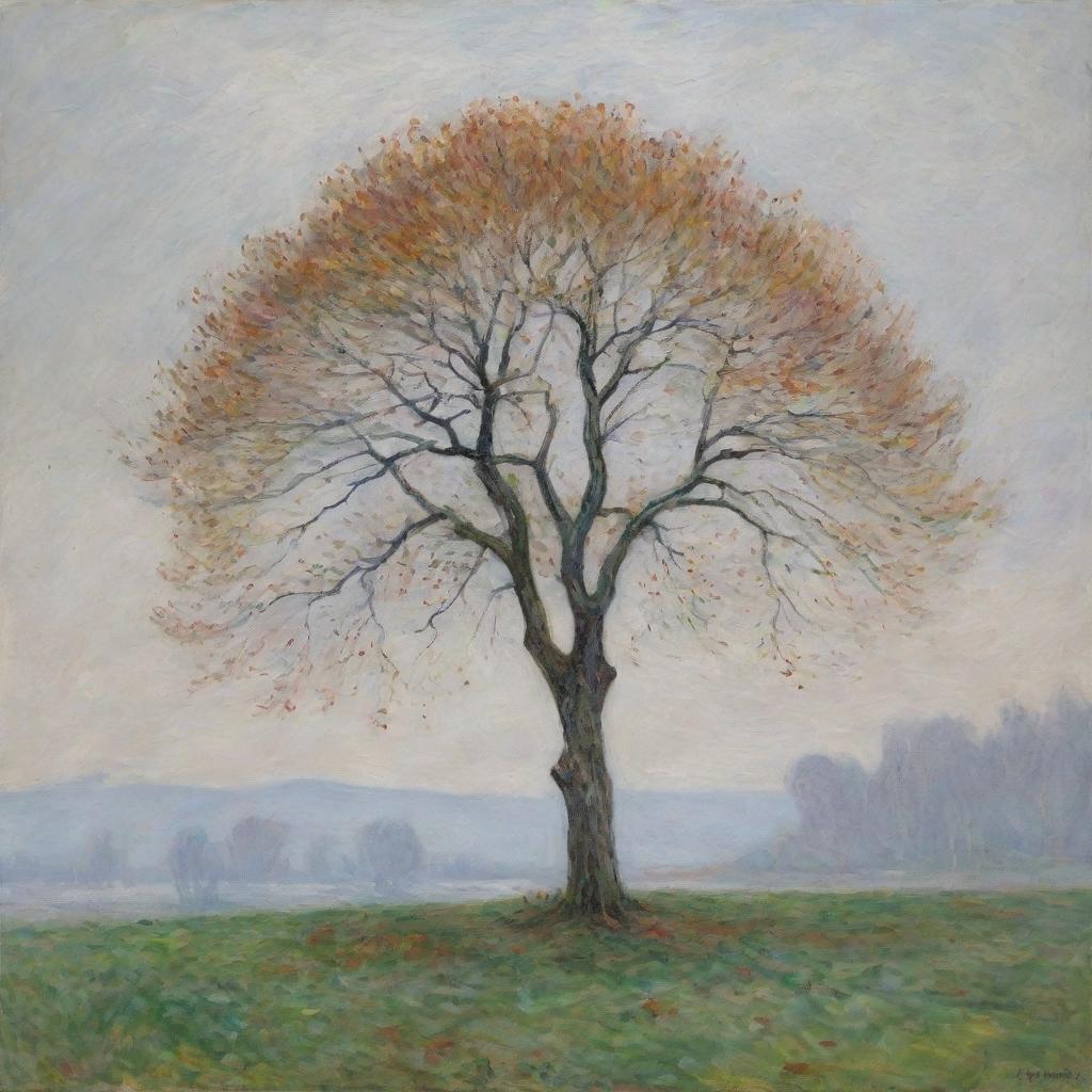 Capture a solitary tree in Claude Monet's impressionistic style, set against a stark white background. The tree stands bold and vibrant, its colors and textures accentuated by the contrasting emptiness behind it.