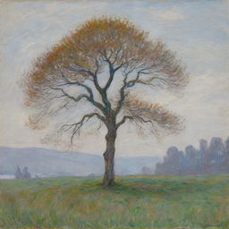 Capture a solitary tree in Claude Monet's impressionistic style, set against a stark white background. The tree stands bold and vibrant, its colors and textures accentuated by the contrasting emptiness behind it.