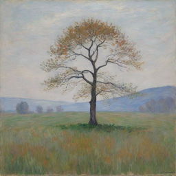 Capture a solitary tree in Claude Monet's impressionistic style, set against a stark white background. The tree stands bold and vibrant, its colors and textures accentuated by the contrasting emptiness behind it.