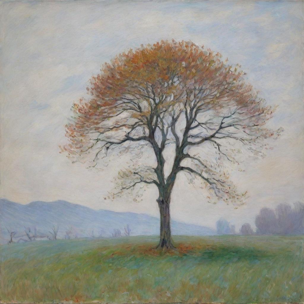 Capture a solitary tree in Claude Monet's impressionistic style, set against a stark white background. The tree stands bold and vibrant, its colors and textures accentuated by the contrasting emptiness behind it.