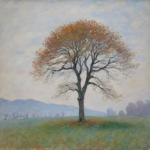 Capture a solitary tree in Claude Monet's impressionistic style, set against a stark white background. The tree stands bold and vibrant, its colors and textures accentuated by the contrasting emptiness behind it.