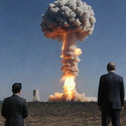 The image now evolves to show a dramatic scene, the president solemnly initiating a nuclear launch against his own country, with the Earth and the manipulative demon lurking behind.