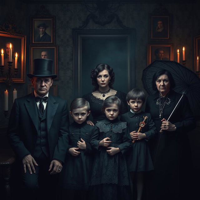 A spooky Victorian family portrait set in a dimly lit, gothic mansion