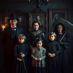 A spooky Victorian family portrait set in a dimly lit, gothic mansion