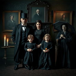 A spooky Victorian family portrait set in a dimly lit, gothic mansion