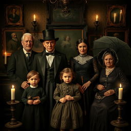 A spooky Victorian family portrait set in a dimly lit, gothic mansion