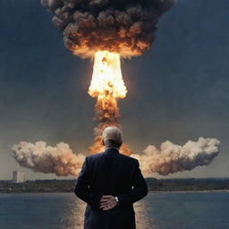 The image now evolves to show a dramatic scene, the president solemnly initiating a nuclear launch against his own country, with the Earth and the manipulative demon lurking behind.