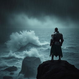 A lone knight standing resolutely at the edge of a cliff, with stormy skies overhead and turbulent waves crashing against the rocks below