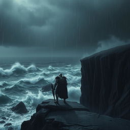 A lone knight standing resolutely at the edge of a cliff, with stormy skies overhead and turbulent waves crashing against the rocks below