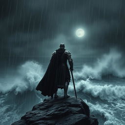 A lone knight standing resolutely at the edge of a cliff, with stormy skies overhead and turbulent waves crashing against the rocks below