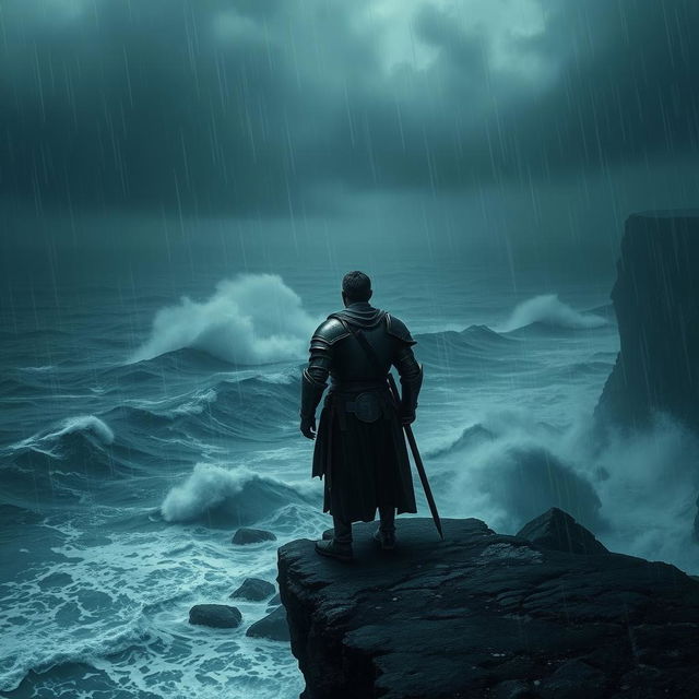 A lone knight standing resolutely at the edge of a cliff, with stormy skies overhead and turbulent waves crashing against the rocks below