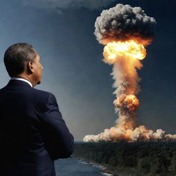 The image now evolves to show a dramatic scene, the president solemnly initiating a nuclear launch against his own country, with the Earth and the manipulative demon lurking behind.