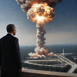 The image now evolves to show a dramatic scene, the president solemnly initiating a nuclear launch against his own country, with the Earth and the manipulative demon lurking behind.