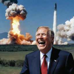 Finalization of the saga: The rich president is shown laughing in a concerning manner as the nuclear missile descends upon his own country, with the Earth and the scheming demon still observable in the scene.