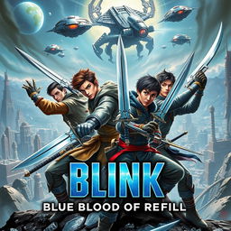 A striking book cover featuring four male adventurers in a dramatic confrontation with aliens from another planet who are attacking their advanced world