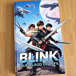 A striking book cover featuring four male adventurers in a dramatic confrontation with aliens from another planet who are attacking their advanced world