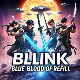 A striking book cover featuring four male adventurers in a dramatic confrontation with aliens from another planet who are attacking their advanced world