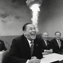 Finalization of the saga: The rich president is shown laughing in a concerning manner as the nuclear missile descends upon his own country, with the Earth and the scheming demon still observable in the scene.