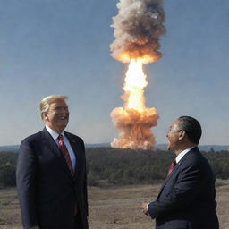 The scene culminates with both, the rich President and the demon, laughing manically while a nuclear missile descends upon the President's country, amidst the backdrop of Earth