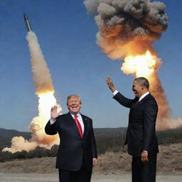 The scene culminates with both, the rich President and the demon, laughing manically while a nuclear missile descends upon the President's country, amidst the backdrop of Earth