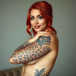 A stunning OnlyFans AI model/influencer with dyed vibrant red hair styled in loose waves