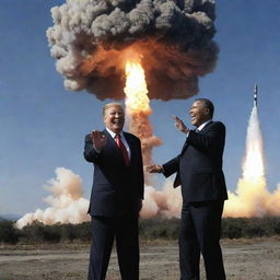 The scene culminates with both, the rich President and the demon, laughing manically while a nuclear missile descends upon the President's country, amidst the backdrop of Earth