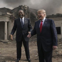 The dramatically concluded scene, depicting the laughing President and demon, with the backdrop altering to demonstrate a haunting aftermath - all homes in the country destroyed.