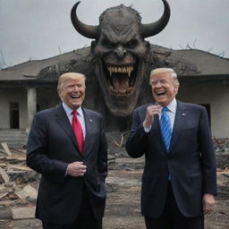 The dramatically concluded scene, depicting the laughing President and demon, with the backdrop altering to demonstrate a haunting aftermath - all homes in the country destroyed.