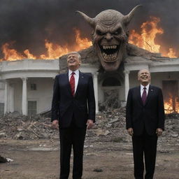 The dramatically concluded scene, depicting the laughing President and demon, with the backdrop altering to demonstrate a haunting aftermath - all homes in the country destroyed.