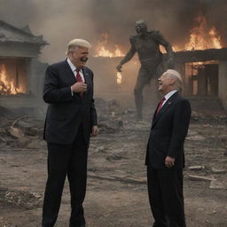 The dramatically concluded scene, depicting the laughing President and demon, with the backdrop altering to demonstrate a haunting aftermath - all homes in the country destroyed.