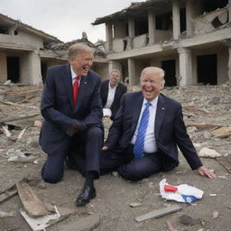 An unexpected turn, the laughing President suddenly falling lifeless, while the demon continues laughing amidst the wreckage of the destroyed homes.