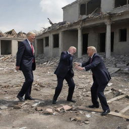 An unexpected turn, the laughing President suddenly falling lifeless, while the demon continues laughing amidst the wreckage of the destroyed homes.