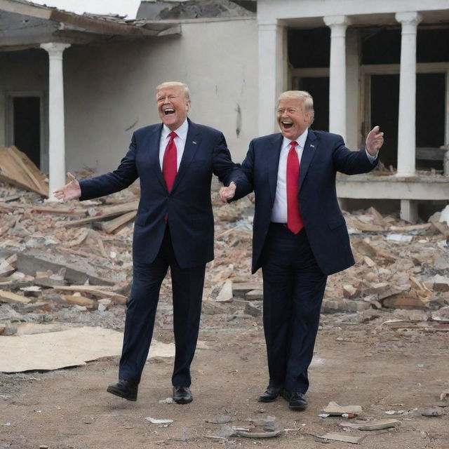 An unexpected turn, the laughing President suddenly falling lifeless, while the demon continues laughing amidst the wreckage of the destroyed homes.