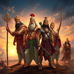 The Pandavas from the Mahabharata, depicted as heroic figures, dressed in traditional Indian attire