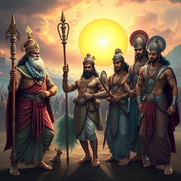 The Pandavas from the Mahabharata, depicted as heroic figures, dressed in traditional Indian attire